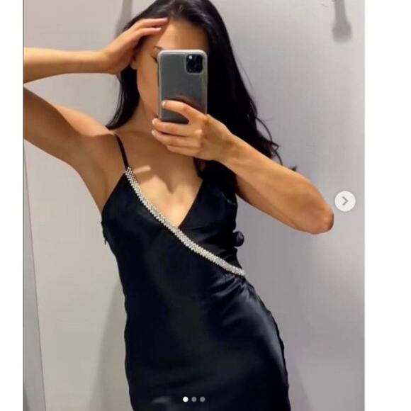 Zara Black Satin Effect Rhinestone Midi Slip Dress Spaghetti Straps Size Small - Picture 10 of 14